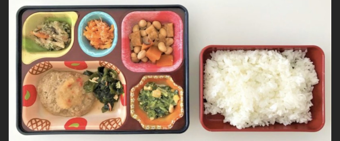 ハンバーグや野菜の副菜が入ったおかずと、別容器のご飯のセット